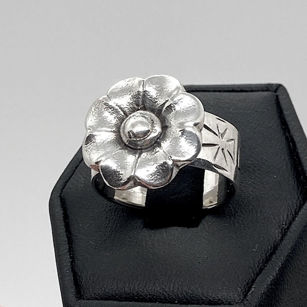 Vtg 925 Sterling Silver Floral Flower & Iron Cross Design Wide Band Ring Sz 8.4